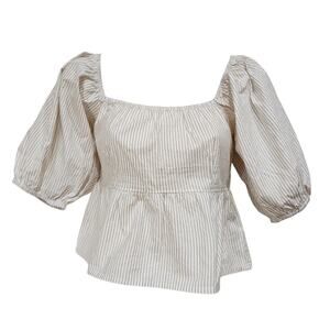 Sim & Sam Cottagecore Blouse Puff Sleeve Square Neck Striped White Tan Medium
